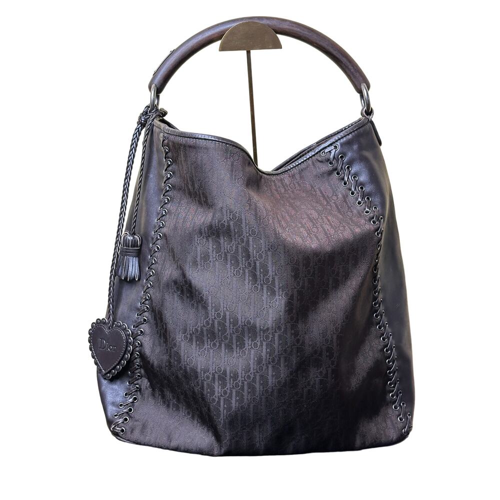❌SOLD❌ Dior Brown Diorissimo Nylon & Leather Grommet Heart Charm Ethnic Hobo